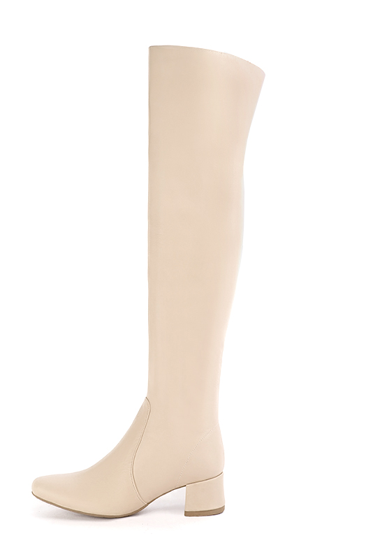 Custom-made women's champagne white stretch elegant thigh-high boots. Round toe. Low flare heels - Profile view
